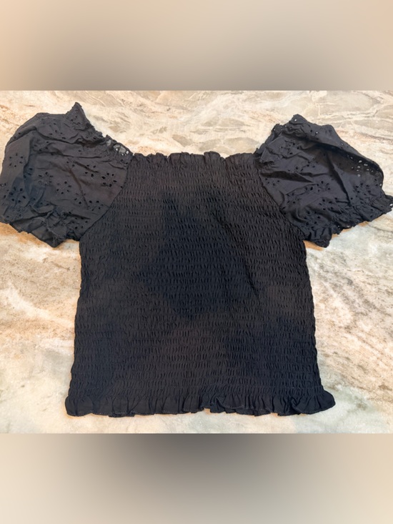 SHEIN Black Smocked Top Puff Sleeve Eyelet Blouse Womens Medium - Picture 7 of 7